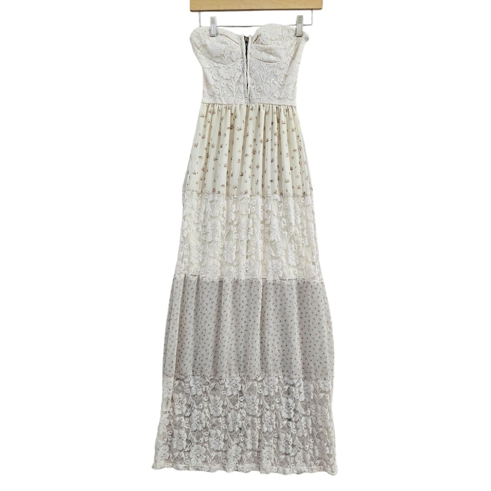 Lovely day Lace Floral Maxi Dress Womens Cream Strapless Sweetheart Tiered Boho